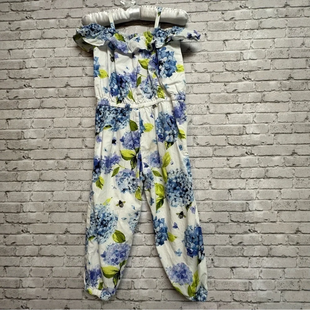 Gymboree Size 3T Floral Lined Jumpsuit Blue White Off Shoulder Ruffles Bees